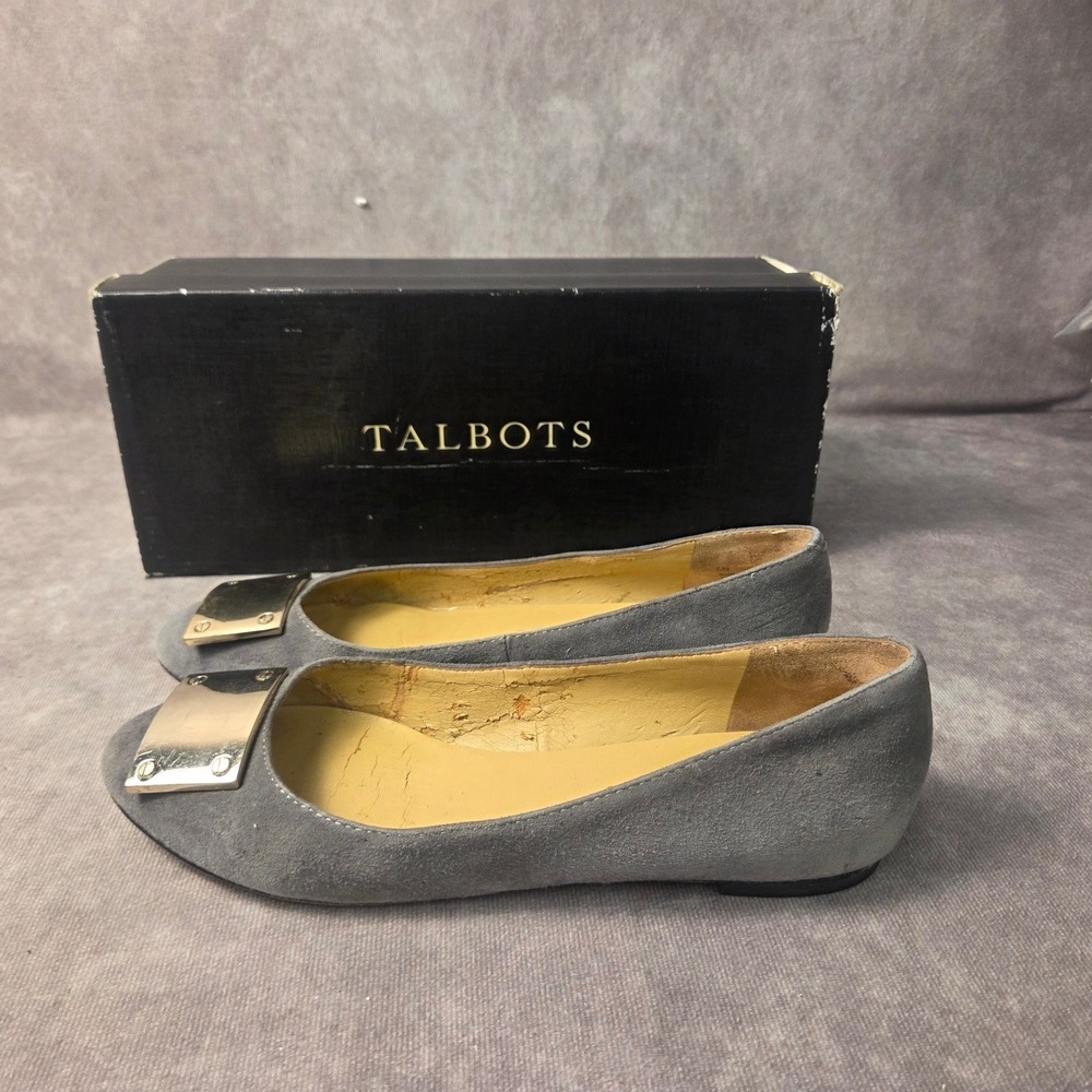 Talbots Bennet2 Grey Suede Buckle Flats Shoes Medium Gravel 6N Womens